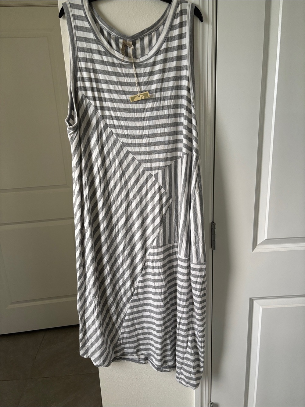 Comfy USA Gray & White Striped Asymmetrical Tank Dress